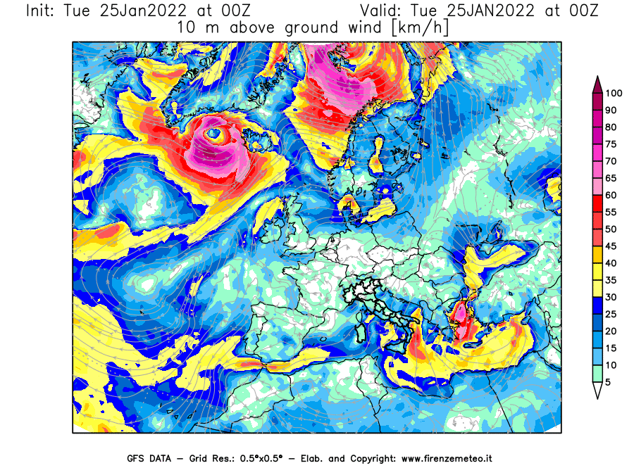 Mappa di analisi GFS - Velocità del vento a 10 metri dal suolo [km/h] in Europa
							del 25/01/2022 00 <!--googleoff: index-->UTC<!--googleon: index-->