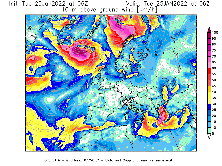 Mappa di analisi GFS - Velocità del vento a 10 metri dal suolo [km/h] in Europa
							del 25/01/2022 06 <!--googleoff: index-->UTC<!--googleon: index-->