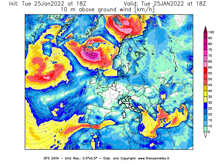 Mappa di analisi GFS - Velocità del vento a 10 metri dal suolo [km/h] in Europa
							del 25/01/2022 18 <!--googleoff: index-->UTC<!--googleon: index-->