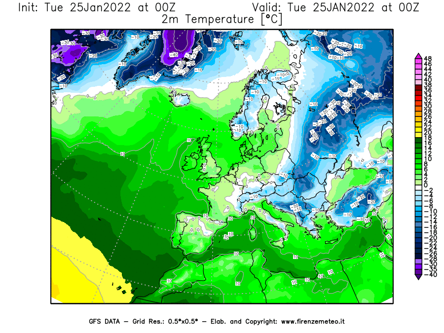 Mappa di analisi GFS - Temperatura a 2 metri dal suolo [°C] in Europa
							del 25/01/2022 00 <!--googleoff: index-->UTC<!--googleon: index-->