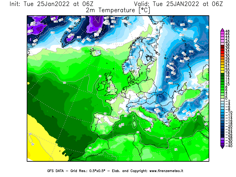 Mappa di analisi GFS - Temperatura a 2 metri dal suolo [°C] in Europa
							del 25/01/2022 06 <!--googleoff: index-->UTC<!--googleon: index-->