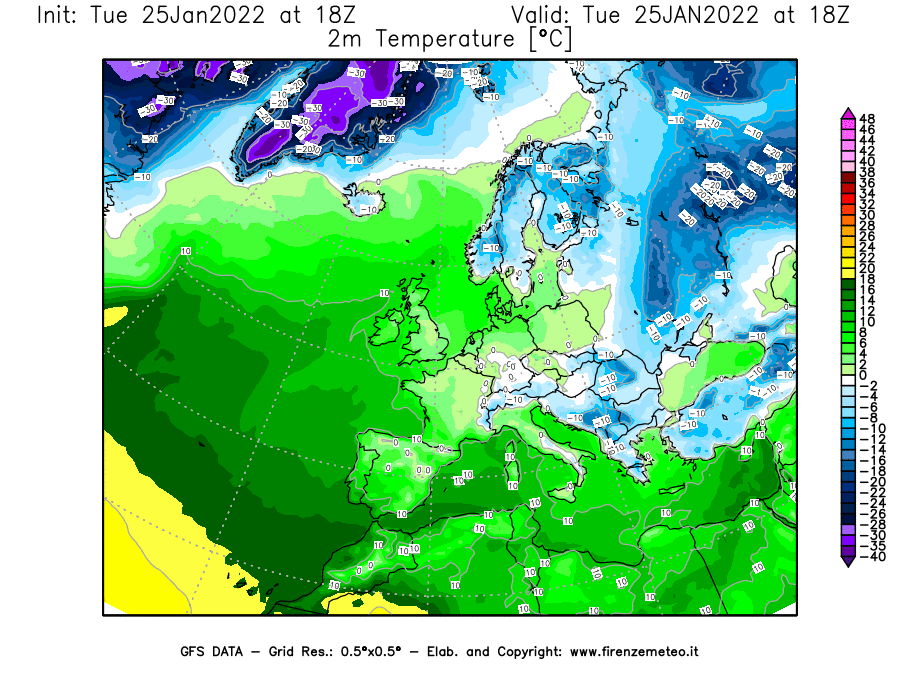 Mappa di analisi GFS - Temperatura a 2 metri dal suolo [°C] in Europa
							del 25/01/2022 18 <!--googleoff: index-->UTC<!--googleon: index-->