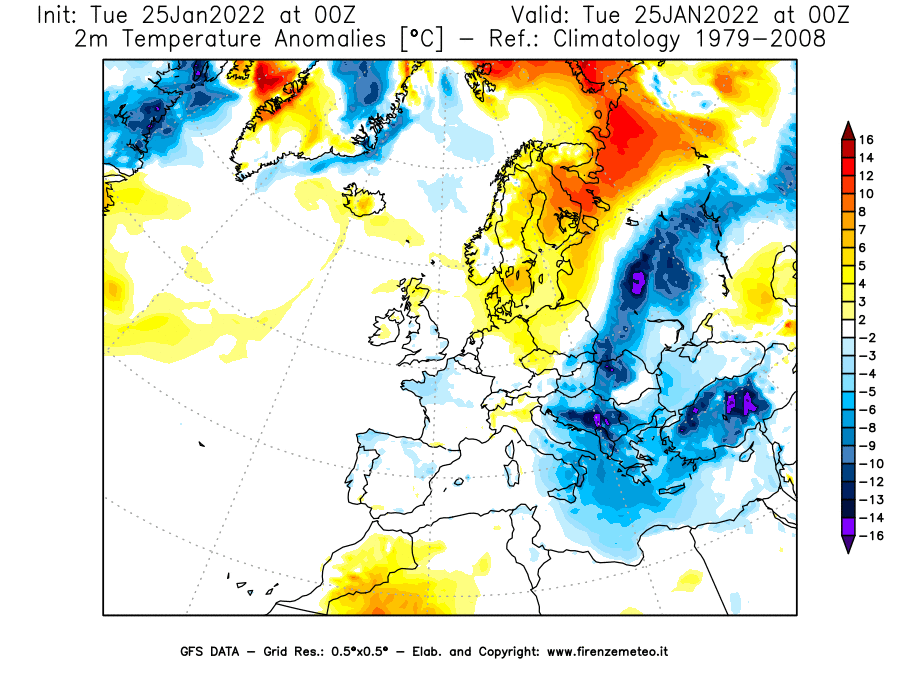 Mappa di analisi GFS - Anomalia Temperatura [°C] a 2 m in Europa
							del 25/01/2022 00 <!--googleoff: index-->UTC<!--googleon: index-->
