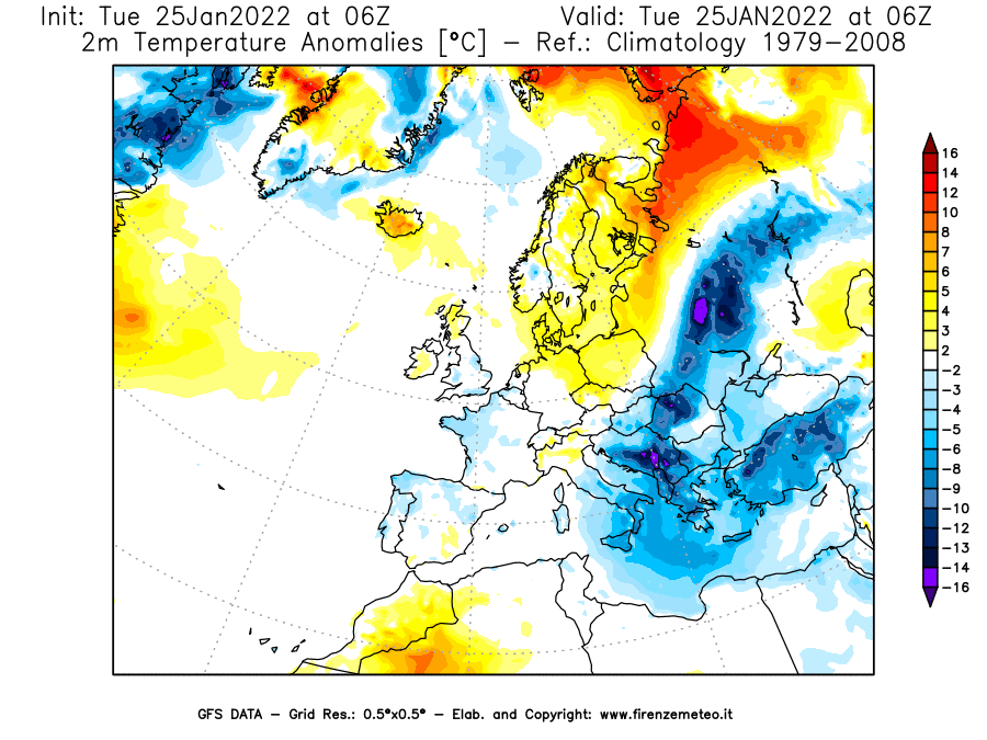 Mappa di analisi GFS - Anomalia Temperatura [°C] a 2 m in Europa
							del 25/01/2022 06 <!--googleoff: index-->UTC<!--googleon: index-->