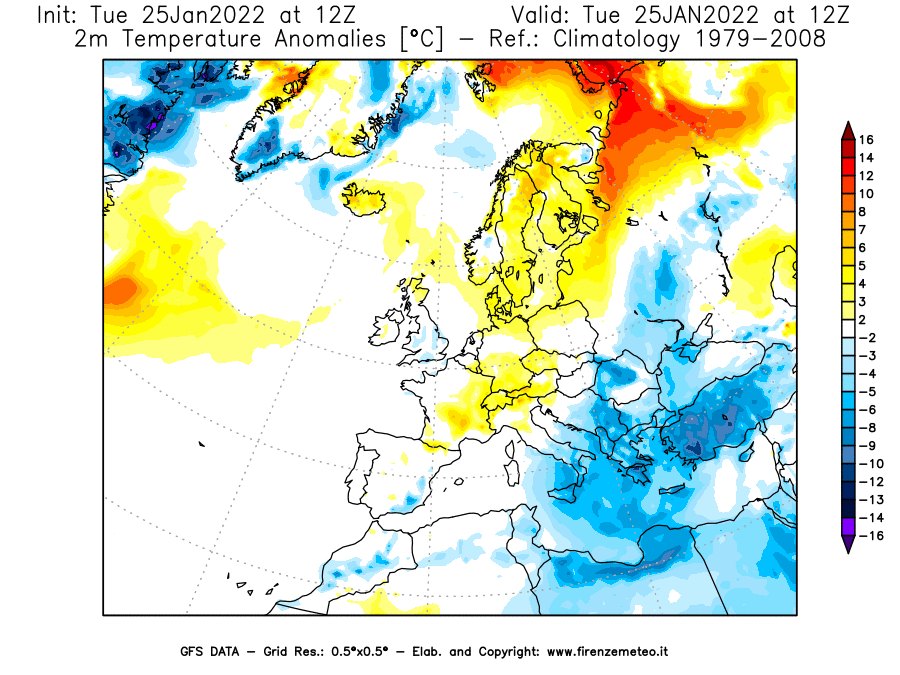 Mappa di analisi GFS - Anomalia Temperatura [°C] a 2 m in Europa
							del 25/01/2022 12 <!--googleoff: index-->UTC<!--googleon: index-->