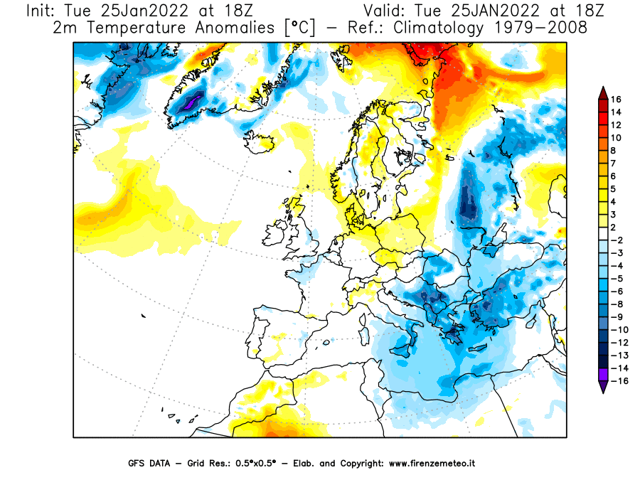 Mappa di analisi GFS - Anomalia Temperatura [°C] a 2 m in Europa
							del 25/01/2022 18 <!--googleoff: index-->UTC<!--googleon: index-->