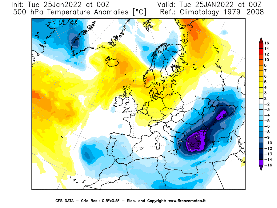 Mappa di analisi GFS - Anomalia Temperatura [°C] a 500 hPa in Europa
							del 25/01/2022 00 <!--googleoff: index-->UTC<!--googleon: index-->