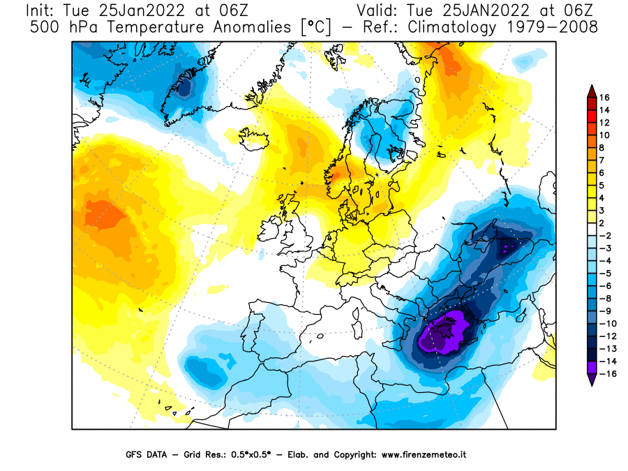 Mappa di analisi GFS - Anomalia Temperatura [°C] a 500 hPa in Europa
							del 25/01/2022 06 <!--googleoff: index-->UTC<!--googleon: index-->