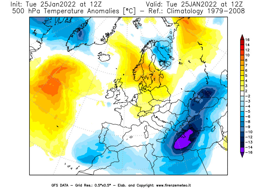Mappa di analisi GFS - Anomalia Temperatura [°C] a 500 hPa in Europa
							del 25/01/2022 12 <!--googleoff: index-->UTC<!--googleon: index-->