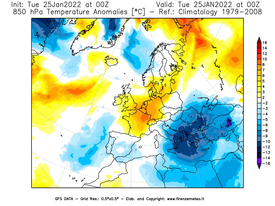 Mappa di analisi GFS - Anomalia Temperatura [°C] a 850 hPa in Europa
							del 25/01/2022 00 <!--googleoff: index-->UTC<!--googleon: index-->