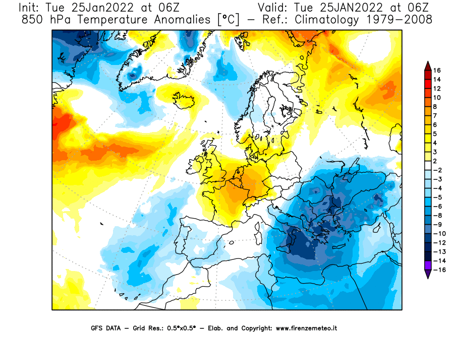 Mappa di analisi GFS - Anomalia Temperatura [°C] a 850 hPa in Europa
							del 25/01/2022 06 <!--googleoff: index-->UTC<!--googleon: index-->