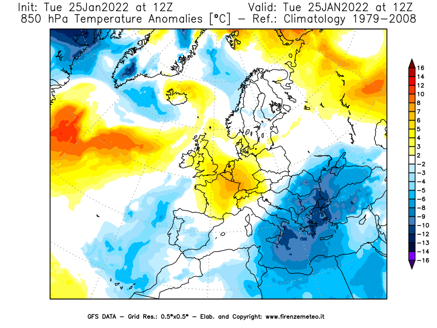 Mappa di analisi GFS - Anomalia Temperatura [°C] a 850 hPa in Europa
							del 25/01/2022 12 <!--googleoff: index-->UTC<!--googleon: index-->