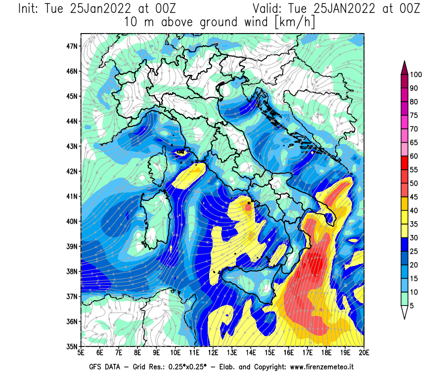 Mappa di analisi GFS - Velocità del vento a 10 metri dal suolo [km/h] in Italia
							del 25/01/2022 00 <!--googleoff: index-->UTC<!--googleon: index-->