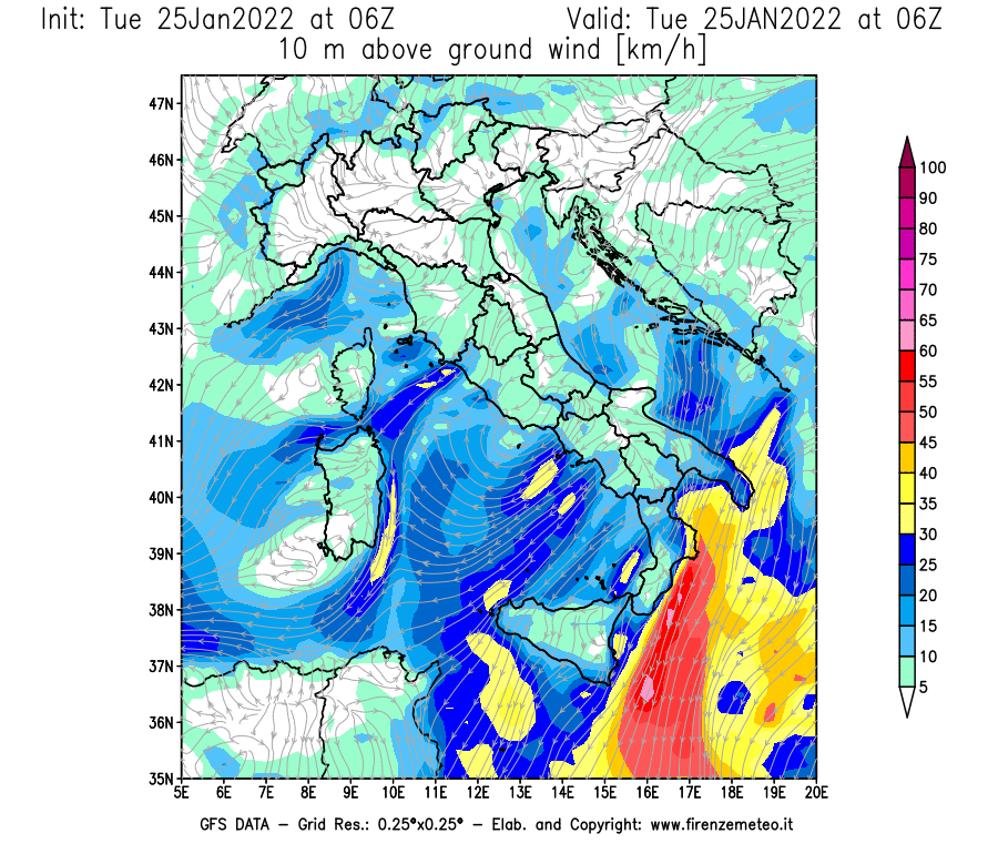 Mappa di analisi GFS - Velocità del vento a 10 metri dal suolo [km/h] in Italia
							del 25/01/2022 06 <!--googleoff: index-->UTC<!--googleon: index-->
