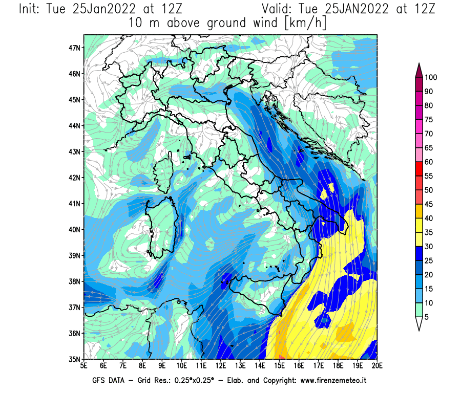 Mappa di analisi GFS - Velocità del vento a 10 metri dal suolo [km/h] in Italia
							del 25/01/2022 12 <!--googleoff: index-->UTC<!--googleon: index-->