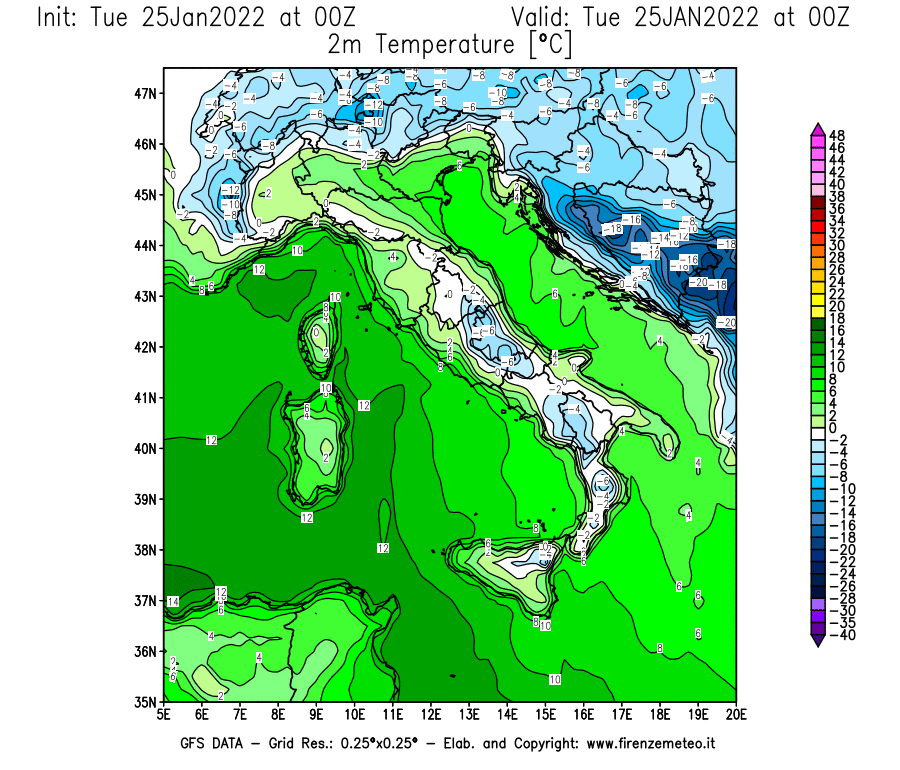 Mappa di analisi GFS - Temperatura a 2 metri dal suolo [°C] in Italia
							del 25/01/2022 00 <!--googleoff: index-->UTC<!--googleon: index-->
