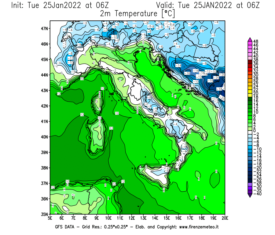 Mappa di analisi GFS - Temperatura a 2 metri dal suolo [°C] in Italia
							del 25/01/2022 06 <!--googleoff: index-->UTC<!--googleon: index-->