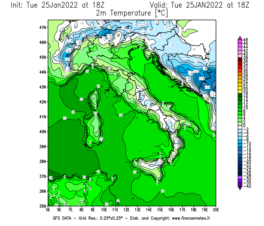 Mappa di analisi GFS - Temperatura a 2 metri dal suolo [°C] in Italia
							del 25/01/2022 18 <!--googleoff: index-->UTC<!--googleon: index-->
