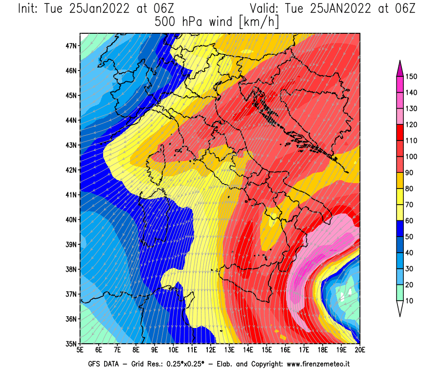 Mappa di analisi GFS - Velocità del vento a 500 hPa [km/h] in Italia
							del 25/01/2022 06 <!--googleoff: index-->UTC<!--googleon: index-->