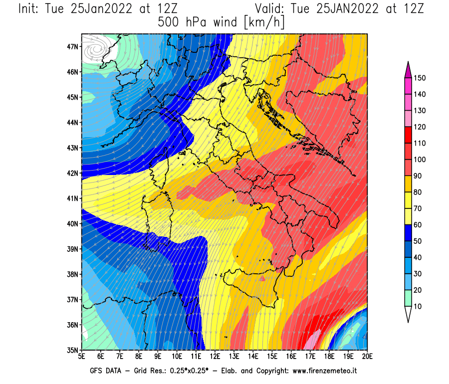 Mappa di analisi GFS - Velocità del vento a 500 hPa [km/h] in Italia
							del 25/01/2022 12 <!--googleoff: index-->UTC<!--googleon: index-->