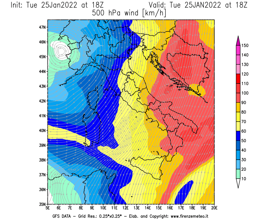 Mappa di analisi GFS - Velocità del vento a 500 hPa [km/h] in Italia
							del 25/01/2022 18 <!--googleoff: index-->UTC<!--googleon: index-->