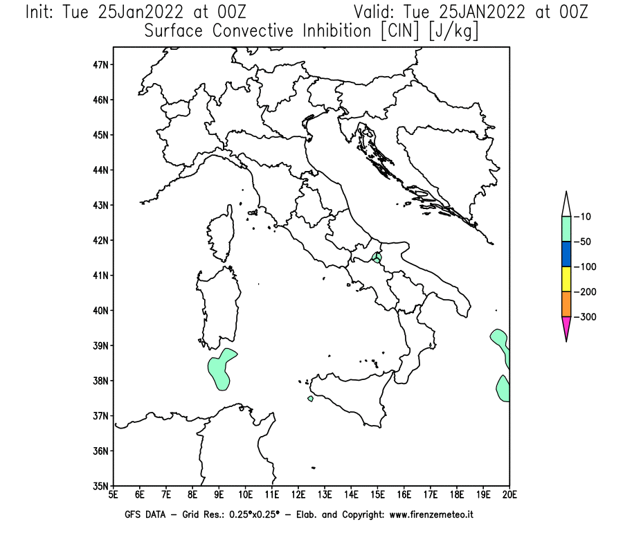 Mappa di analisi GFS - CIN [J/kg] in Italia
							del 25/01/2022 00 <!--googleoff: index-->UTC<!--googleon: index-->