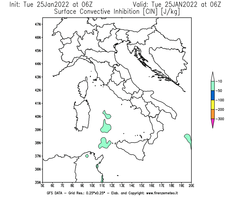 Mappa di analisi GFS - CIN [J/kg] in Italia
							del 25/01/2022 06 <!--googleoff: index-->UTC<!--googleon: index-->