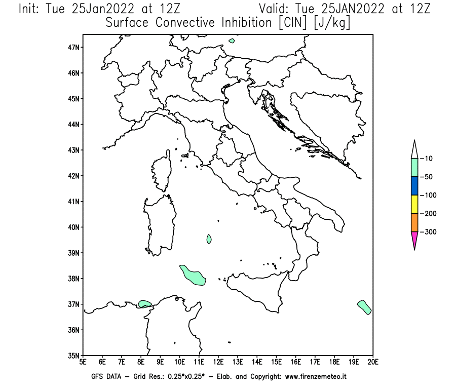 Mappa di analisi GFS - CIN [J/kg] in Italia
							del 25/01/2022 12 <!--googleoff: index-->UTC<!--googleon: index-->