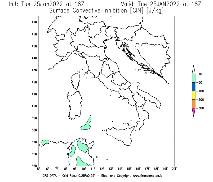 Mappa di analisi GFS - CIN [J/kg] in Italia
							del 25/01/2022 18 <!--googleoff: index-->UTC<!--googleon: index-->