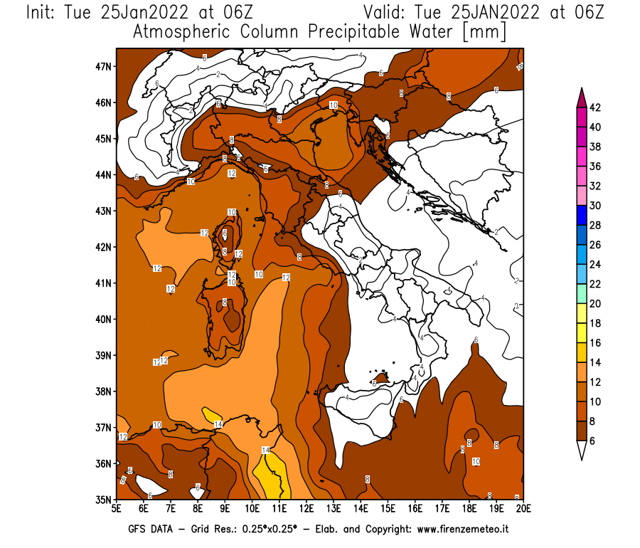 Mappa di analisi GFS - Precipitable Water [mm] in Italia
							del 25/01/2022 06 <!--googleoff: index-->UTC<!--googleon: index-->