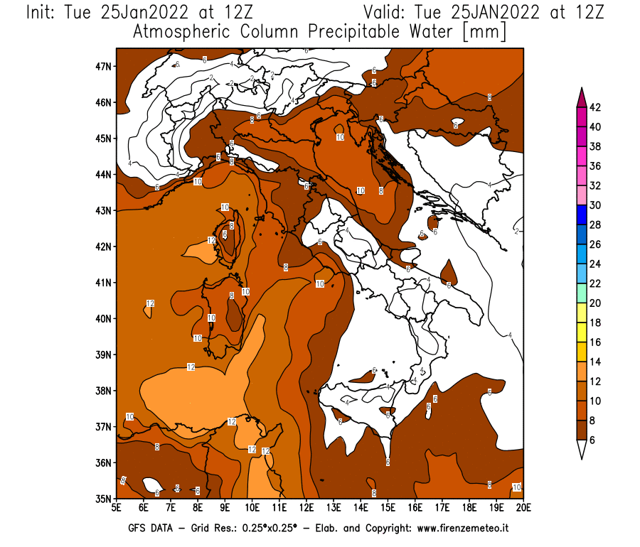 Mappa di analisi GFS - Precipitable Water [mm] in Italia
							del 25/01/2022 12 <!--googleoff: index-->UTC<!--googleon: index-->