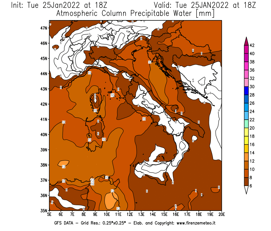 Mappa di analisi GFS - Precipitable Water [mm] in Italia
							del 25/01/2022 18 <!--googleoff: index-->UTC<!--googleon: index-->