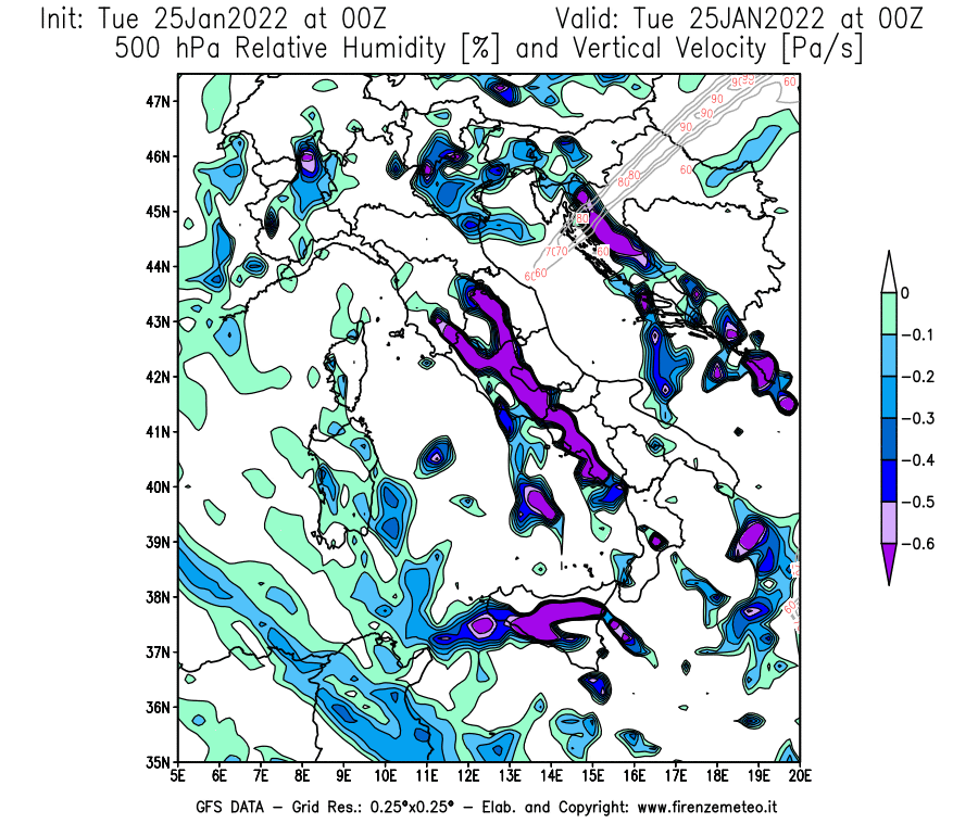 Mappa di analisi GFS - Umidità relativa [%] e Omega [Pa/s] a 500 hPa in Italia
							del 25/01/2022 00 <!--googleoff: index-->UTC<!--googleon: index-->