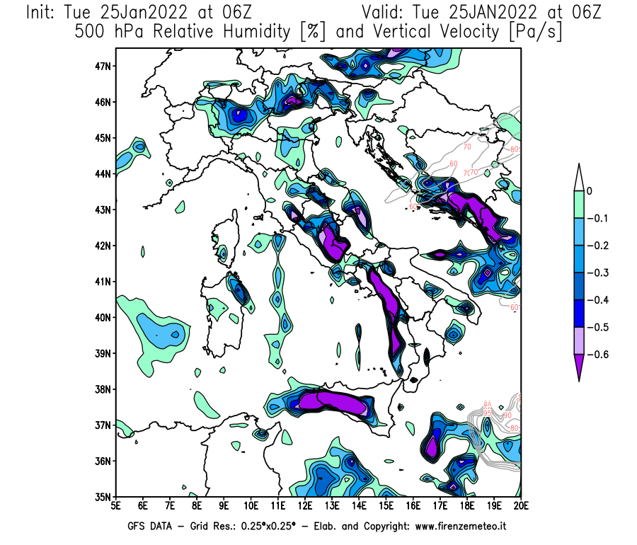 Mappa di analisi GFS - Umidità relativa [%] e Omega [Pa/s] a 500 hPa in Italia
							del 25/01/2022 06 <!--googleoff: index-->UTC<!--googleon: index-->