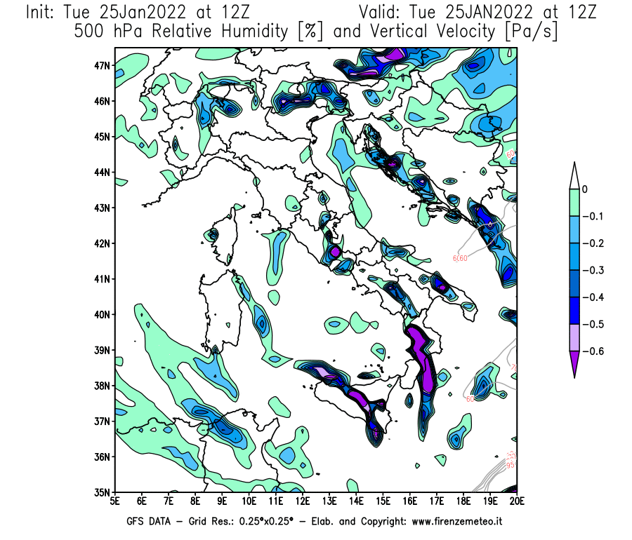 Mappa di analisi GFS - Umidità relativa [%] e Omega [Pa/s] a 500 hPa in Italia
							del 25/01/2022 12 <!--googleoff: index-->UTC<!--googleon: index-->