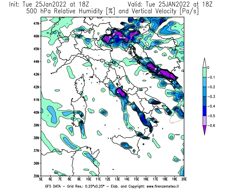 Mappa di analisi GFS - Umidità relativa [%] e Omega [Pa/s] a 500 hPa in Italia
							del 25/01/2022 18 <!--googleoff: index-->UTC<!--googleon: index-->