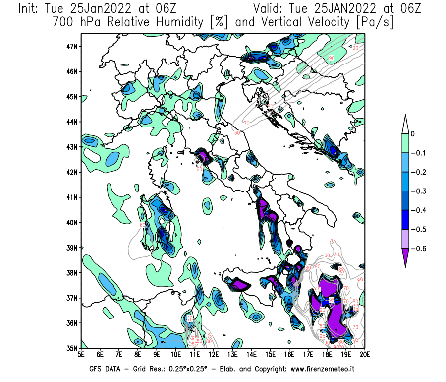 Mappa di analisi GFS - Umidità relativa [%] e Omega [Pa/s] a 700 hPa in Italia
							del 25/01/2022 06 <!--googleoff: index-->UTC<!--googleon: index-->