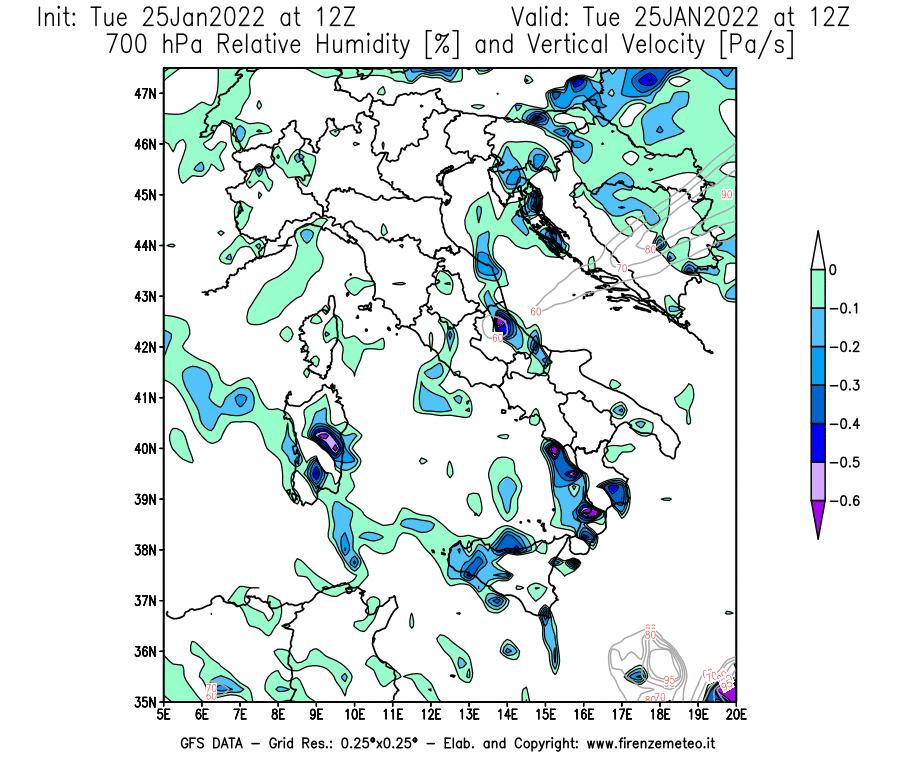 Mappa di analisi GFS - Umidità relativa [%] e Omega [Pa/s] a 700 hPa in Italia
							del 25/01/2022 12 <!--googleoff: index-->UTC<!--googleon: index-->