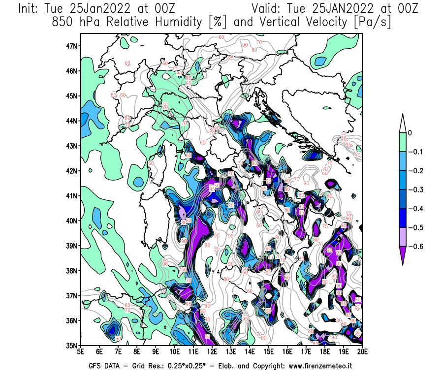 Mappa di analisi GFS - Umidità relativa [%] e Omega [Pa/s] a 850 hPa in Italia
							del 25/01/2022 00 <!--googleoff: index-->UTC<!--googleon: index-->
