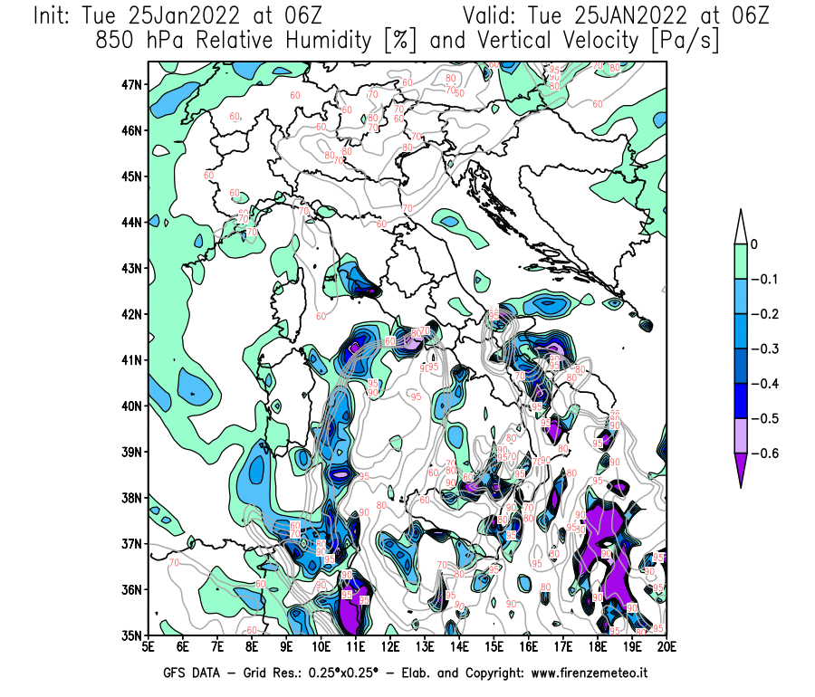Mappa di analisi GFS - Umidità relativa [%] e Omega [Pa/s] a 850 hPa in Italia
							del 25/01/2022 06 <!--googleoff: index-->UTC<!--googleon: index-->