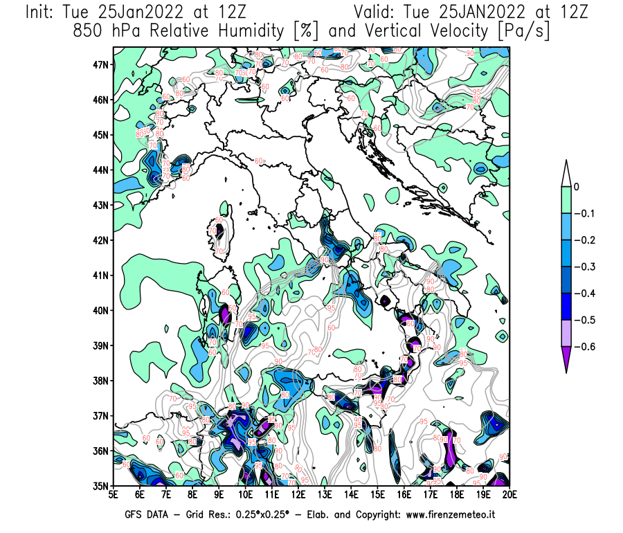 Mappa di analisi GFS - Umidità relativa [%] e Omega [Pa/s] a 850 hPa in Italia
							del 25/01/2022 12 <!--googleoff: index-->UTC<!--googleon: index-->