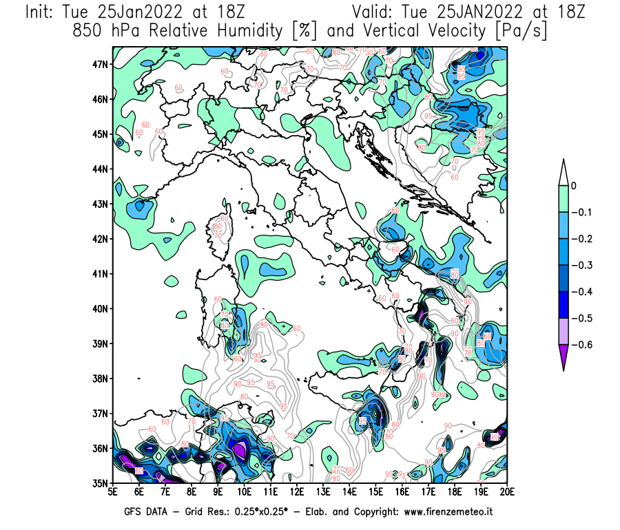 Mappa di analisi GFS - Umidità relativa [%] e Omega [Pa/s] a 850 hPa in Italia
							del 25/01/2022 18 <!--googleoff: index-->UTC<!--googleon: index-->