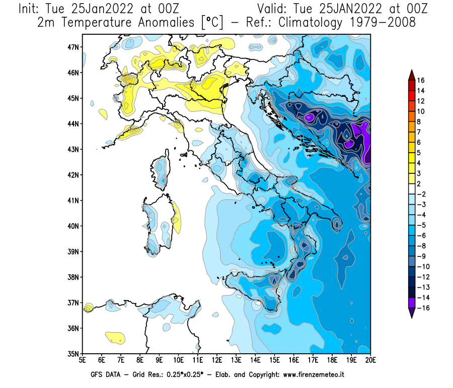Mappa di analisi GFS - Anomalia Temperatura [°C] a 2 m in Italia
							del 25/01/2022 00 <!--googleoff: index-->UTC<!--googleon: index-->