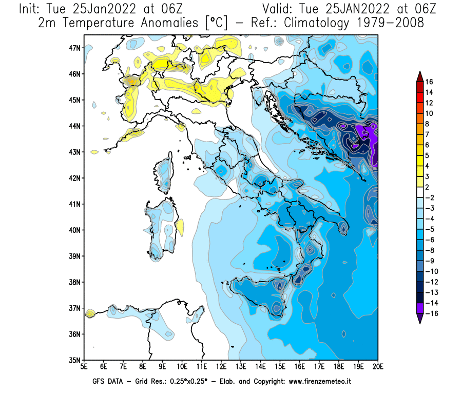 Mappa di analisi GFS - Anomalia Temperatura [°C] a 2 m in Italia
							del 25/01/2022 06 <!--googleoff: index-->UTC<!--googleon: index-->