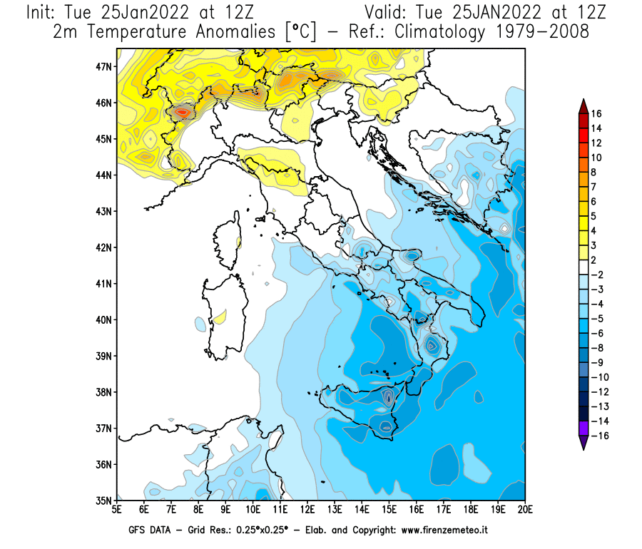 Mappa di analisi GFS - Anomalia Temperatura [°C] a 2 m in Italia
							del 25/01/2022 12 <!--googleoff: index-->UTC<!--googleon: index-->