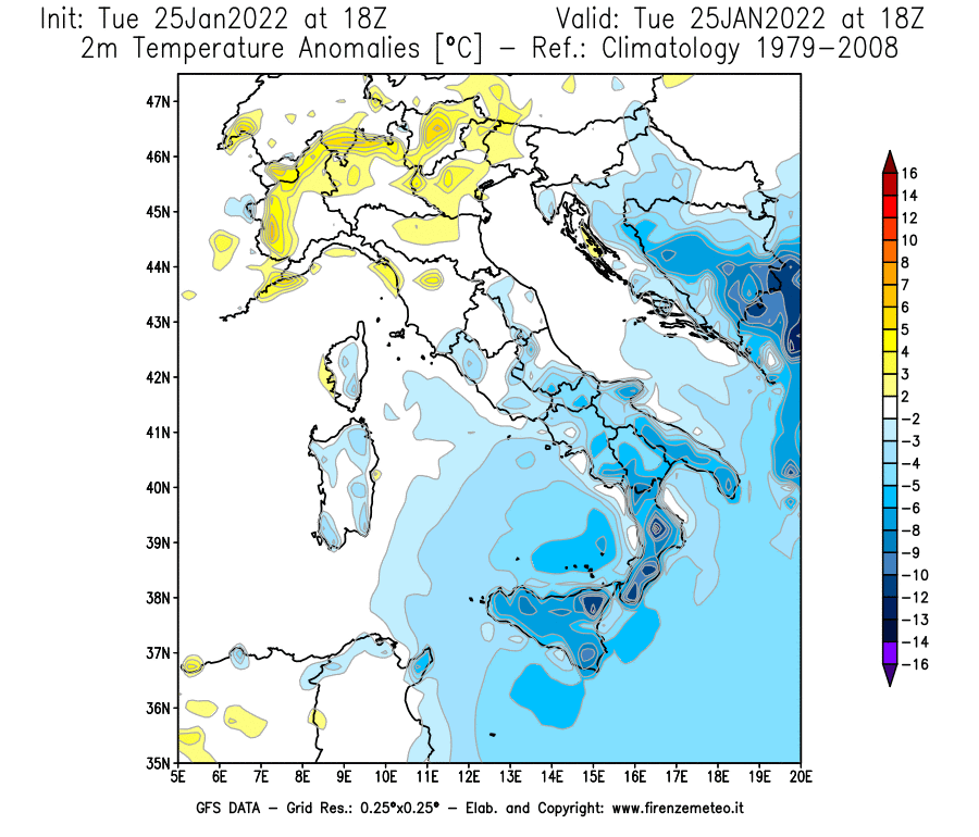Mappa di analisi GFS - Anomalia Temperatura [°C] a 2 m in Italia
							del 25/01/2022 18 <!--googleoff: index-->UTC<!--googleon: index-->