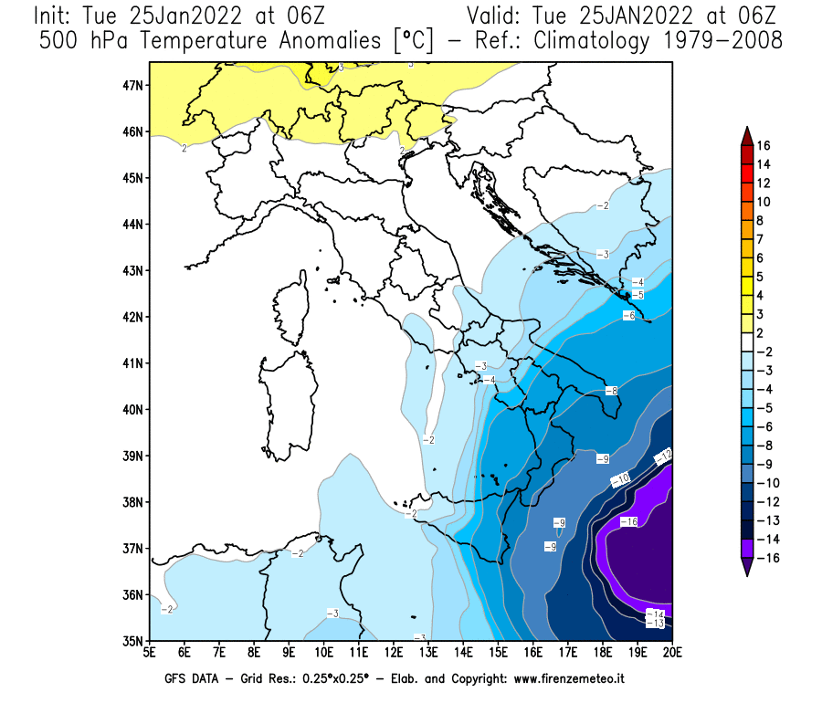 Mappa di analisi GFS - Anomalia Temperatura [°C] a 500 hPa in Italia
							del 25/01/2022 06 <!--googleoff: index-->UTC<!--googleon: index-->