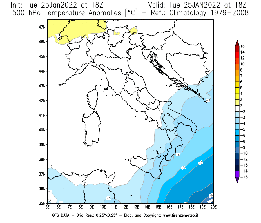 Mappa di analisi GFS - Anomalia Temperatura [°C] a 500 hPa in Italia
							del 25/01/2022 18 <!--googleoff: index-->UTC<!--googleon: index-->