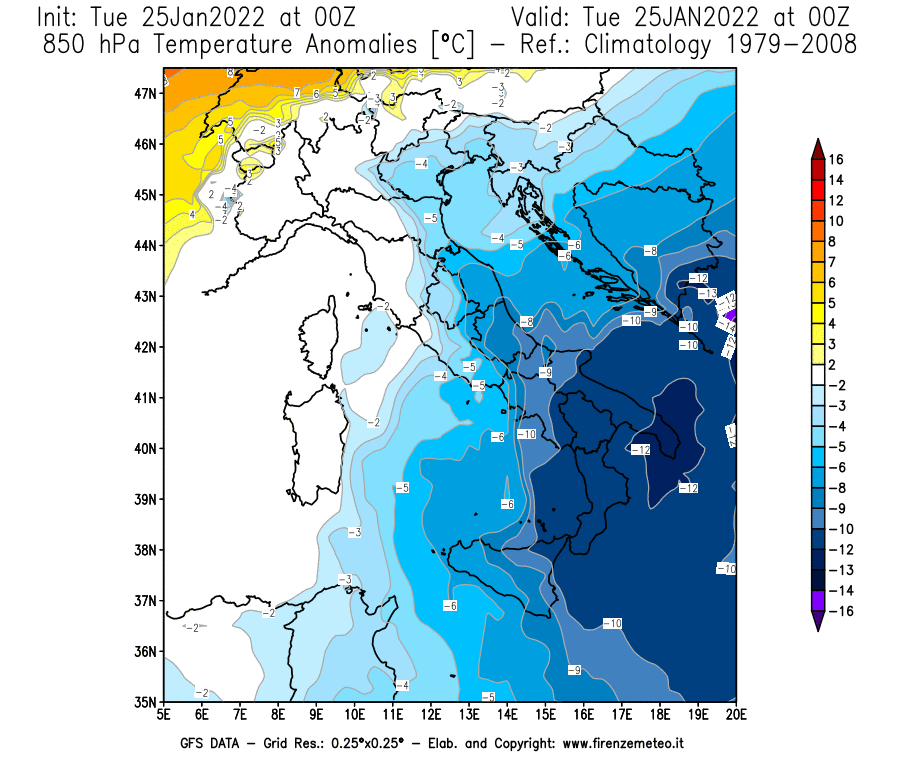 Mappa di analisi GFS - Anomalia Temperatura [°C] a 850 hPa in Italia
							del 25/01/2022 00 <!--googleoff: index-->UTC<!--googleon: index-->