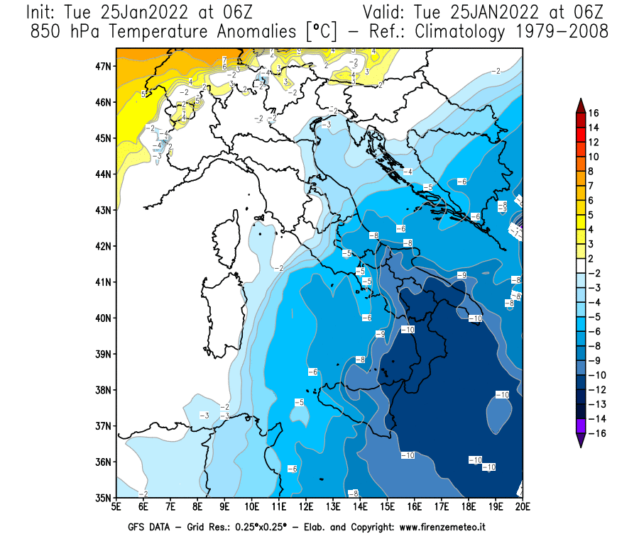 Mappa di analisi GFS - Anomalia Temperatura [°C] a 850 hPa in Italia
							del 25/01/2022 06 <!--googleoff: index-->UTC<!--googleon: index-->